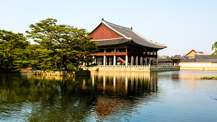 Hanok near the lake, traditional korean architecture. Gyeongbokgung Palace, Seoul, South Korea.