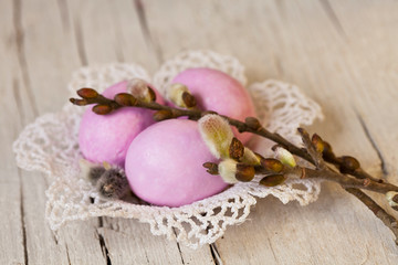 Fototapeta na wymiar Pink Sugar Easter Eggs And Willow Blossom