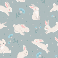 Seamless pattern with bunny and flowers
