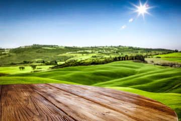 desk of free space for your decoration and landscape of spring Tuscany. 