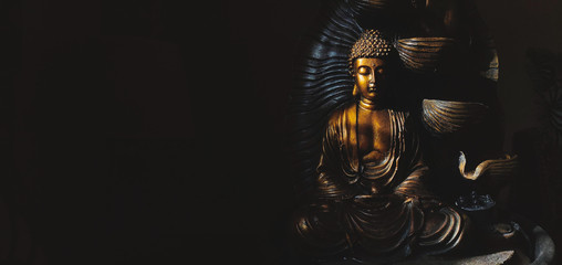 Golden Gautama Buddha statue with a black background.