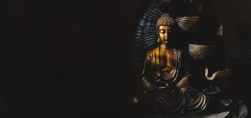 Gartenposter Goldene Gautama Buddha-Statue mit schwarzem Hintergrund. © Abhishek