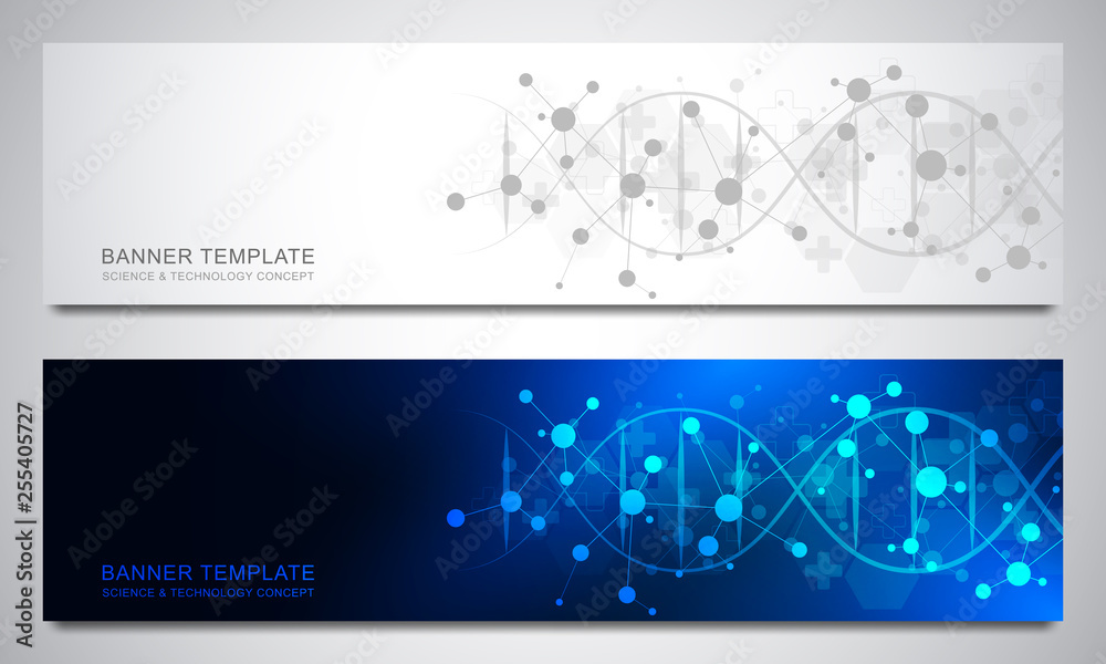 Wall mural banners and headers for site with dna strand and molecular structure. genetic engineering or laborat