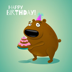 Gift card with cute bear holding birthday cake. Vector illustration in cartoon style with inscription 