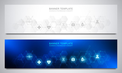 Banners design template for healthcare and medical decoration with flat icons and symbols. Science, medicine and innovation technology concept.