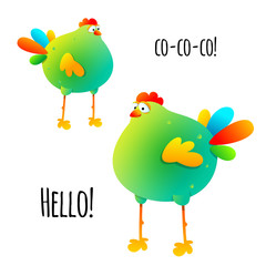 Two cute hens on white background. Colorful chiken farm birds. Vector illustration. Cartoon style for funny design. Isolated. EPS 10.