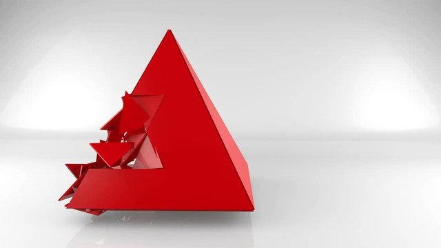 Pyramid construction in light space, abstract 4k animation motion graphics, video geometric 3d background with copyspace, color geometrical shape made of glossy low poly triangle pieces transition in