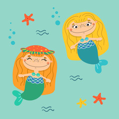 Two beautiful little mermaids with long hair under the water. Water nymph. Sea theme. Vector illustration in cartoon style.