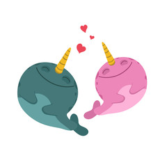 Сute cartoon narwhals girl and boy on white background. Couple in love. Isolated vector illustration with sea animals.