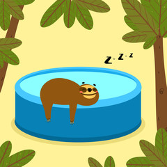 Funny cartoon sloth relaxing on the side of the pool, cute vector illustration