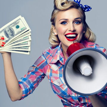 smiling woman with money and megaphone, dressed in pin-up style