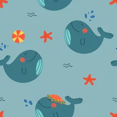Foto auf Alu-Dibond Seamless pattern with cute cartoon whales enjoying summer. One blue whale plays ball with another, the third one in the hat. Lovely childish vector texture for fabric, textille, backgrounds and cards. © Lena