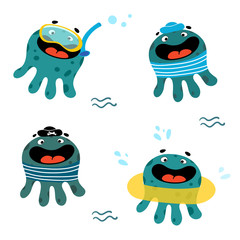 Cute octopus set. Cartoon pouples: in a pirate suit, with diving mask, in a sailor's costume and with lifebuoy. Childish vector illustration for baby t-shirt print, fashion design, kids wear, textile