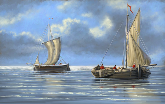 Digital paintings sea landscape, old sailing ship in the sea. Fine art.