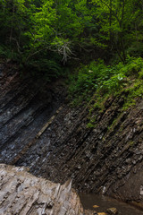 At the foot of the waterfall. Mountain river on the background of rock and plants