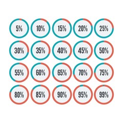 Set of circle percentage diagrams from 5 to 99 ready-to-use for web design, user interface UI or infographic