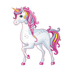 Vector cartoon beautiful unicorn with rainbow mane on white background. Children's illustration. Magic. Wonderland. © penochka1