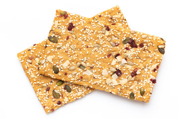 Rye bread slice on a white background.