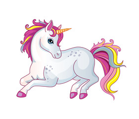Obraz na płótnie Canvas Vector cartoon cute pony with rainbow mane on white background. Children's illustration. Magic. Wonderland.