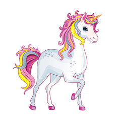Obraz na płótnie Canvas Vector cartoon cute pony with rainbow mane on white background. Isolated illustration. Magic. Wonderland.