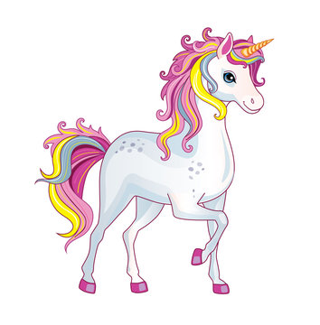 Vector cartoon cute pony with rainbow mane on white background. Isolated illustration. Magic. Wonderland.