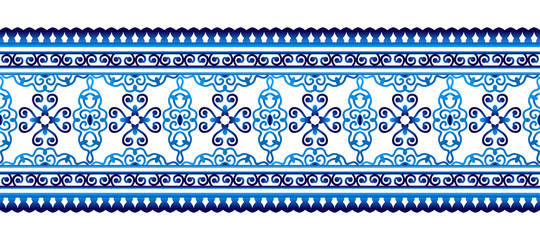 Ceramic tile border pattern. Islamic, indian, arabic motifs. Damask border seamless pattern. Porcelain ethnic bohemian background.