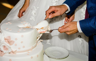 A luscious moment of cutting a wedding cake