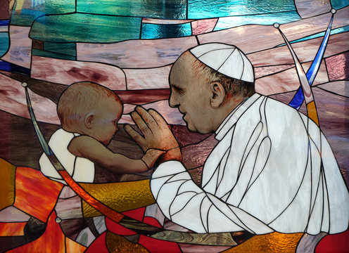 Pope Francis, stained glass window in St Paul's Cathedral in Tirana, Albania