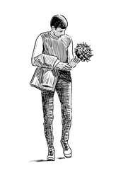 A young man with a bouquet goes on a date