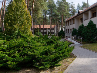 GRODNO, BELARUS - MARCH 2, 2019: Sanatorium ENERGETIK. Residential buildings in the pine forest.