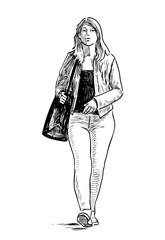 Sketch of a casual girl walking down the street