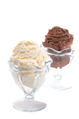Vanilla and Chocolate Ice Cream in Glass Dishes Isolated on a White Background
