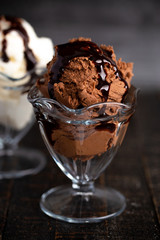 Chocolate and Vanilla Ice Cream Sundaes in Glass Bowls