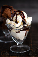 Chocolate and Vanilla Ice Cream Sundaes in Glass Bowls