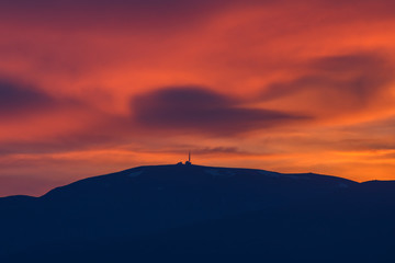 Obraz premium Stunning sunset over Old mountain, Bulgaria. View to Botev peak . Landscape, travel concept. Close up view.