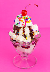 A Vanilla Sundae with Sprinkles and Chocolate Sauce on a Pink Background