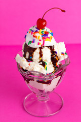 A Vanilla Sundae with Sprinkles and Chocolate Sauce on a Pink Background
