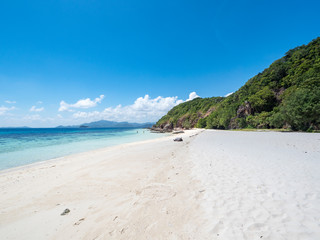 Fototapeta na wymiar View of tropical beach on the island Malcapuya. Beautiful tropical island with sand beach, palm trees. Travel tropical concept. Palawan, Philippines. October, 2018