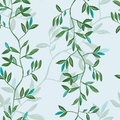 Green leaves, plant watercolor painting - seamless pattern on light green background