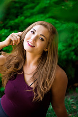 Naklejka premium Young beautiful plus size model outdoors, xxl woman on nature.