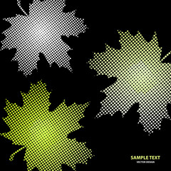 Bright maple leaves from small halftone circles on a black background.