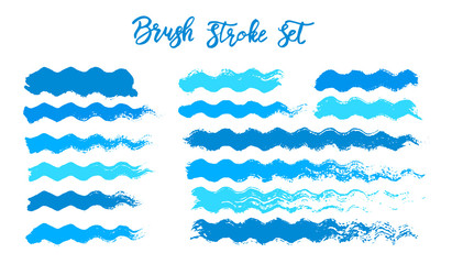 Blue brush stroke waves vector set. Hand drawn vector brush strokes, ink splashes, watercolor brush, hand painted curls. Summer design paint brush curves.