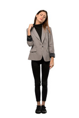 Fototapeta premium A full-length shot of a Business woman with tired and sick expression over isolated white background