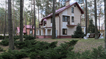 GRODNO, BELARUS - MARCH 2, 2019: Sanatorium ENERGETIK. Residential buildings in the pine forest.