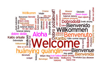 Word Tag Cloud, shows equivalents of 'Welcome'