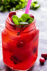 Iced homemade lemonade with cranberries, citrus and fresh mint leaf in cocktail jar with straws