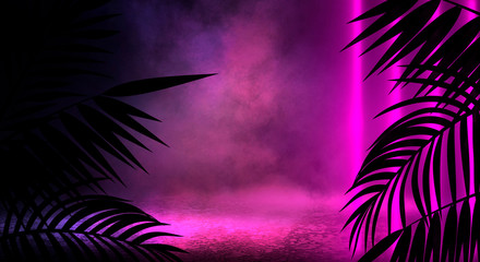 Background of the dark room, tunnel, corridor, neon light, lamps, tropical leaves. Abstract...