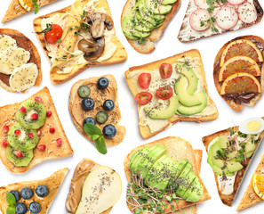 Set of delicious toasts with chia seeds and different toppings on white background, top view