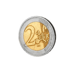 Shiny two euro coin on white background