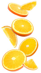 Flying juicy orange slices on white background
